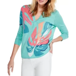 Brand new 🛒 NIC+ZOE Petite Fiesta Fronds Sweater Aqua Multi 🔔