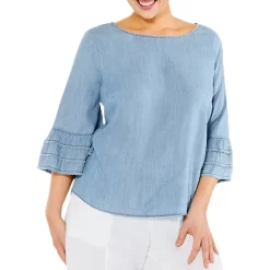 Deals 👍 NIC+ZOE Plus Denim Tangier Flare Sleeve Top Mid Denim 👍