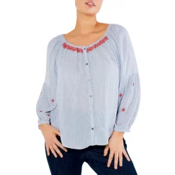 Promo 😉 NIC+ZOE Plus Embroidered Striped Peasant Top Blue Multi ⭐