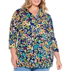 New 🤩 NIC+ZOE Plus Bold Blossoms Crinkle 👕 Shirt Blue Multi 🎁