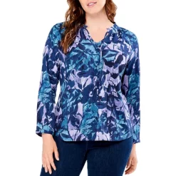 Hot Sale 🔥 NIC+ZOE Plus Indigo Vines Floral Print Blouse Blue Multi 🥰