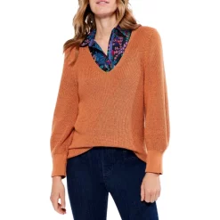 Wholesale 🧨 NIC+ZOE Shaker Knit V-Neck Sweater Dusty Melon 😀