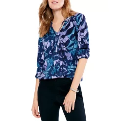 Best Sale 🎁 NIC+ZOE Indigo Vines Live In V Neck Tie Front Blouse Blue Multi 🌟
