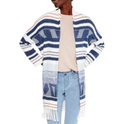Best Sale 🔔 NIC+ZOE Rolling Clouds Printed Fringe Cardigan Blue Multi 😉